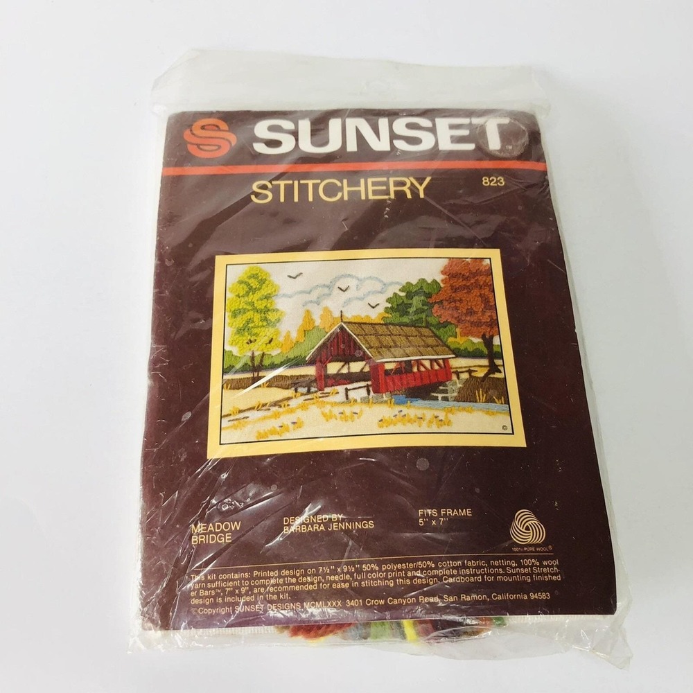 Vintage 1980 Sunset Stitchery 823 Meadow Bridge Complete Kit Stitching Yarn NOS